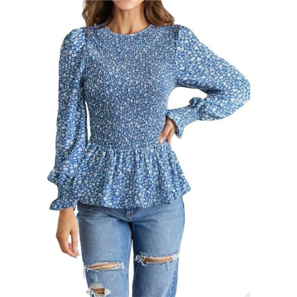 Women's Long Sleeve Crewneck Floral Print Smocked Ruffle Hem Blouse Shirt Tunics
